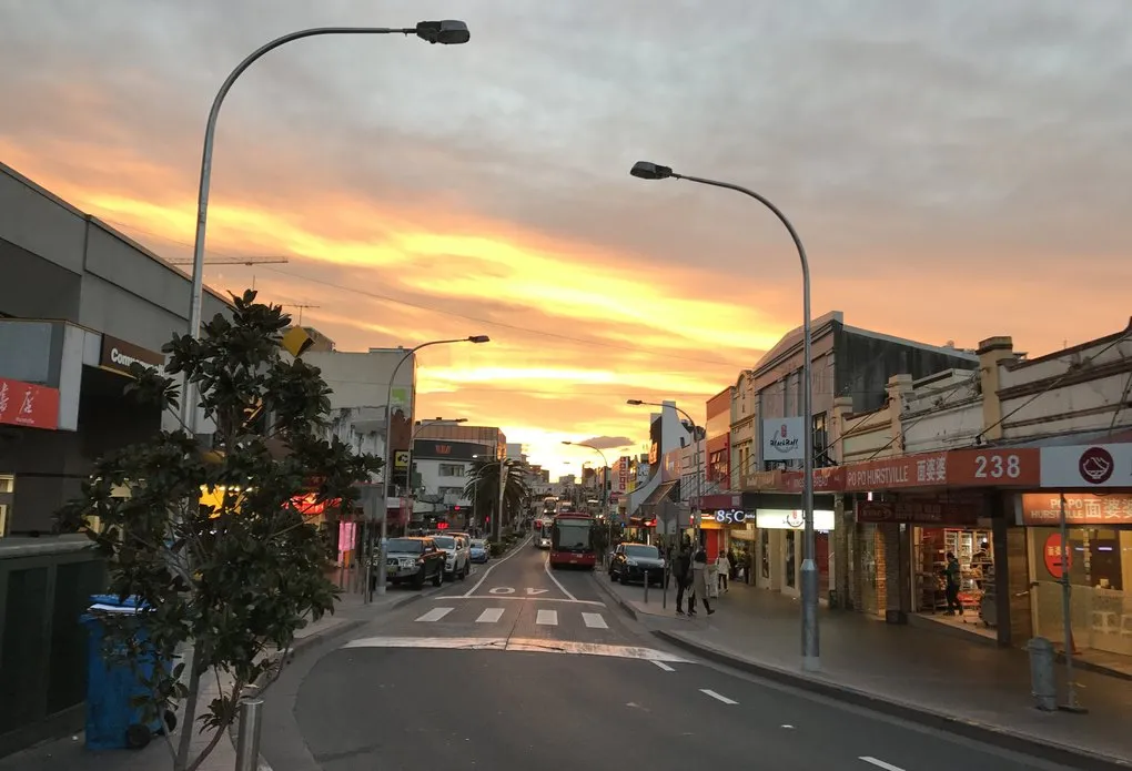 Forest Road, Hurstville, at sunset